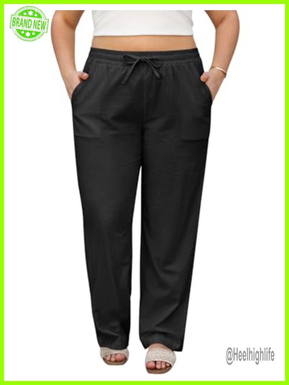 Plus Size Linen Pants Straight Leg Elastic Waist Palazzo Trousers with Pockets